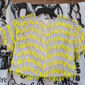 Carolina Herrera beige semi-sheet organza blouse blue  embroidered overlay